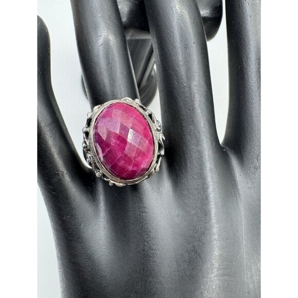 Vintage Sterling Silver Natural Ruby Oval Faceted Ring Size 8.25 Statement - Picture 1 of 14